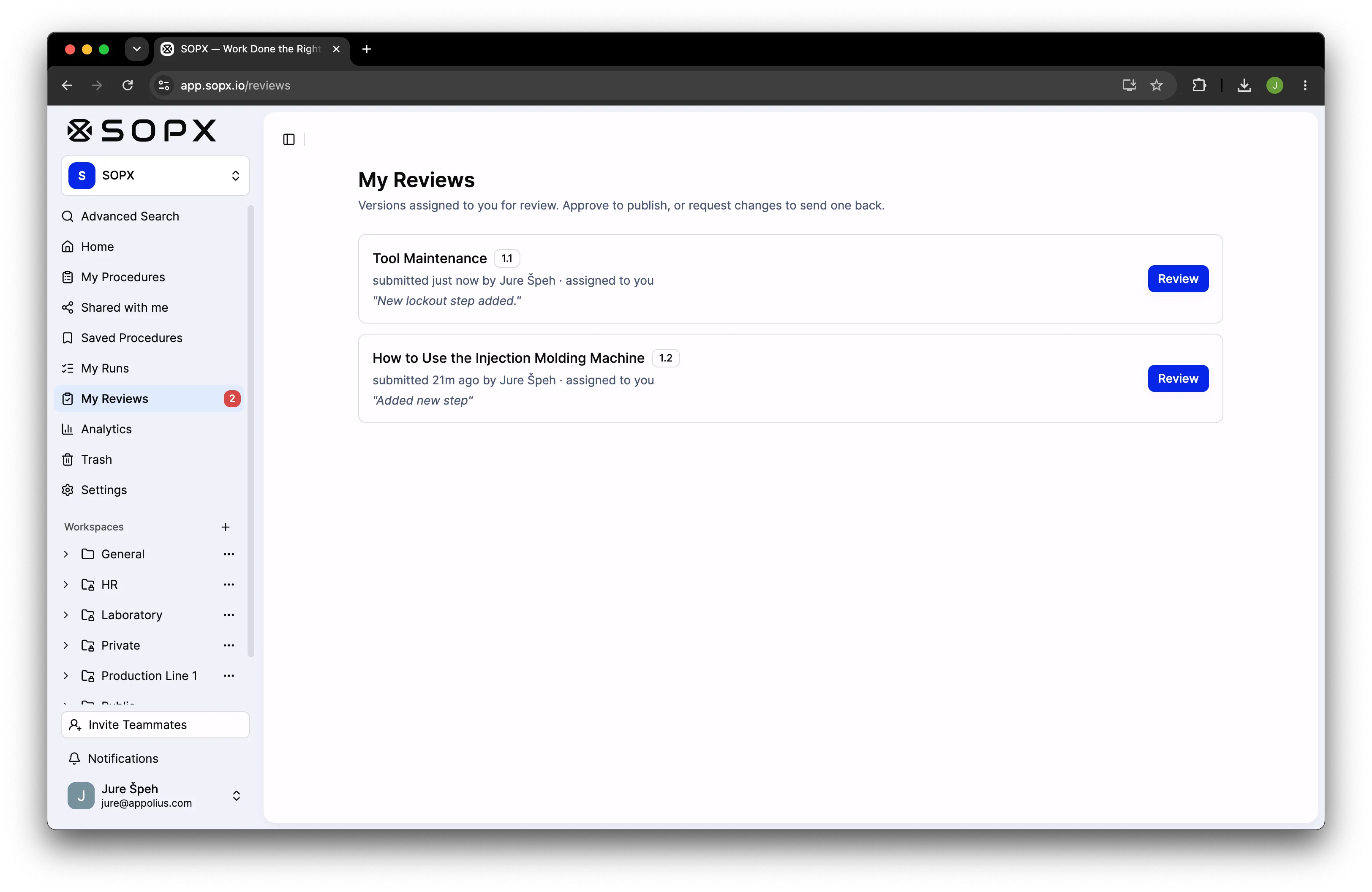 The My Reviews queue in SOPX showing versions waiting for approval.